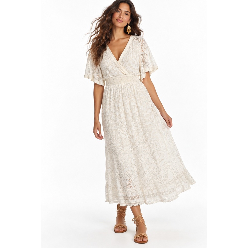Farm Rio for Anthropologie White Lace Midi Dress Smocked Waist Flutter‎ Sleeve S